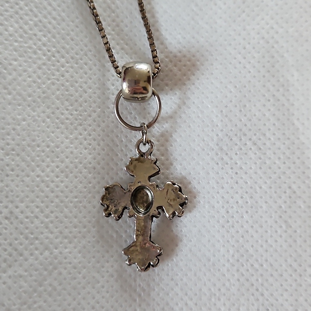 925 Silver Chain Necklace & Gothic Silver Cross With Black Gemstone, Vintage 90s - Picture 3 of 5